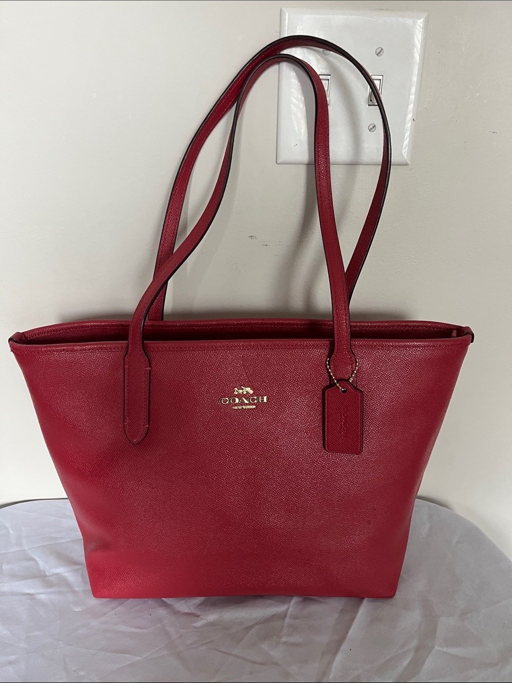 Coach Red Saffiano Leather Tote with Gold Logo